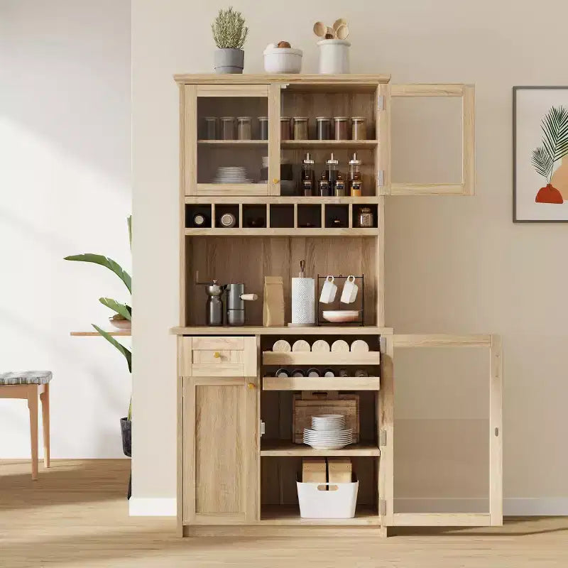 75 Tall Kitchen Pantry Cabinet with Glass Doors, Freestanding Buffet Hutch for Kitchen, Dining Room, or Living Room-Panipeachy