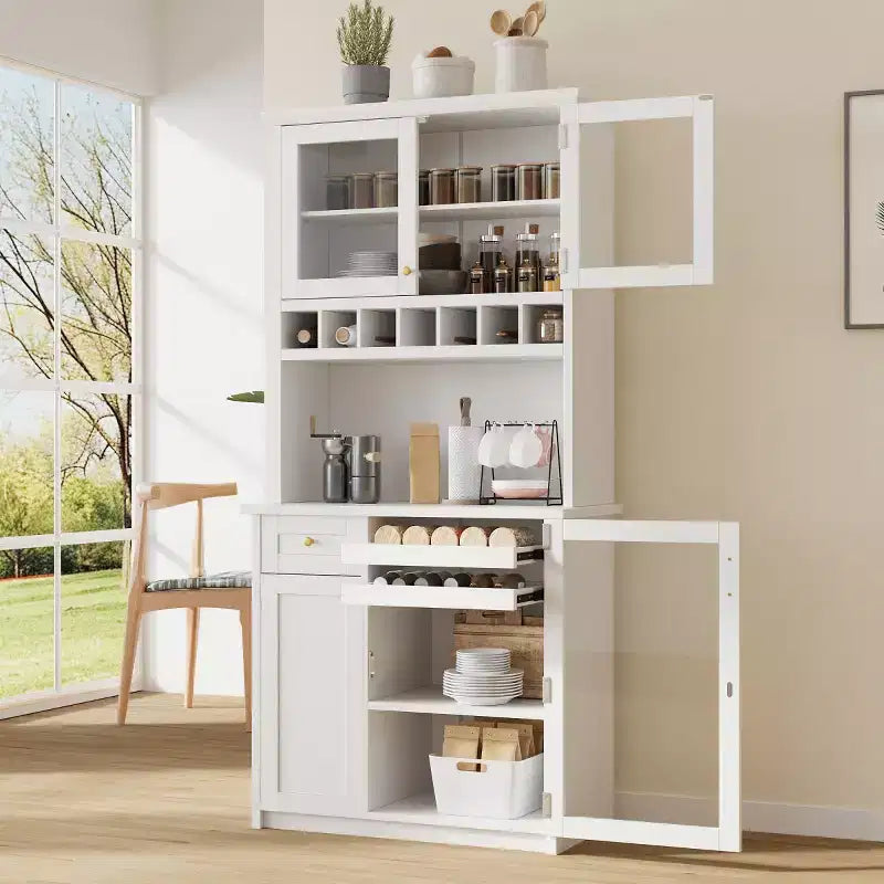 75 Tall Kitchen Pantry Cabinet with Glass Doors, Freestanding Buffet Hutch for Kitchen, Dining Room, or Living Room-Panipeachy
