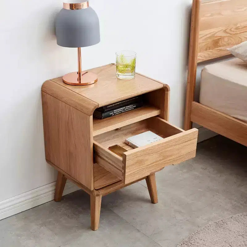 Modern Solid Oak Nightstand with 2 Drawers, Mid-Century Bedside Cabinet with Storage, Compact Wooden Nightstand for Bedroom-Panipeachy
