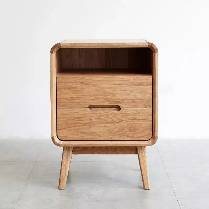 Modern Solid Oak Nightstand with 2 Drawers, Mid-Century Bedside Cabinet with Storage, Compact Wooden Nightstand for Bedroom-Panipeachy