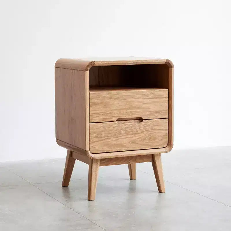 Modern Solid Oak Nightstand with 2 Drawers, Mid-Century Bedside Cabinet with Storage, Compact Wooden Nightstand for Bedroom-Panipeachy