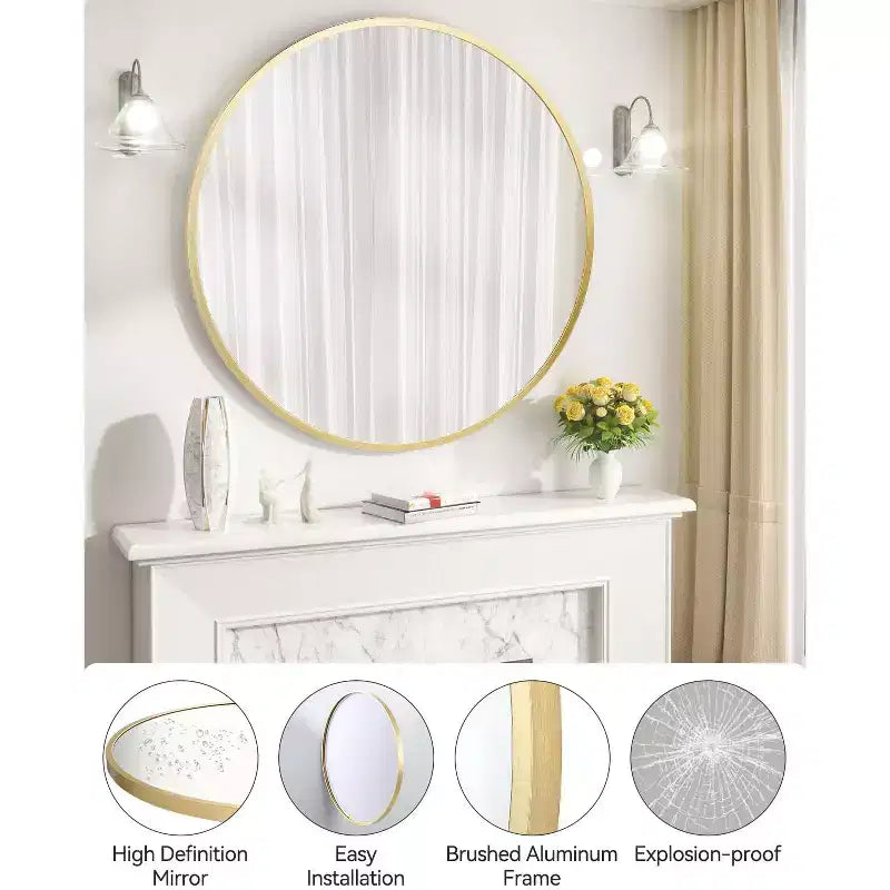 Round Wall Mirror, Circle Mirror Metal Frame for Bathroom, Vanity, Entryway, Bedroom, Living Room, Wall Mounted Modern Rustic Decor