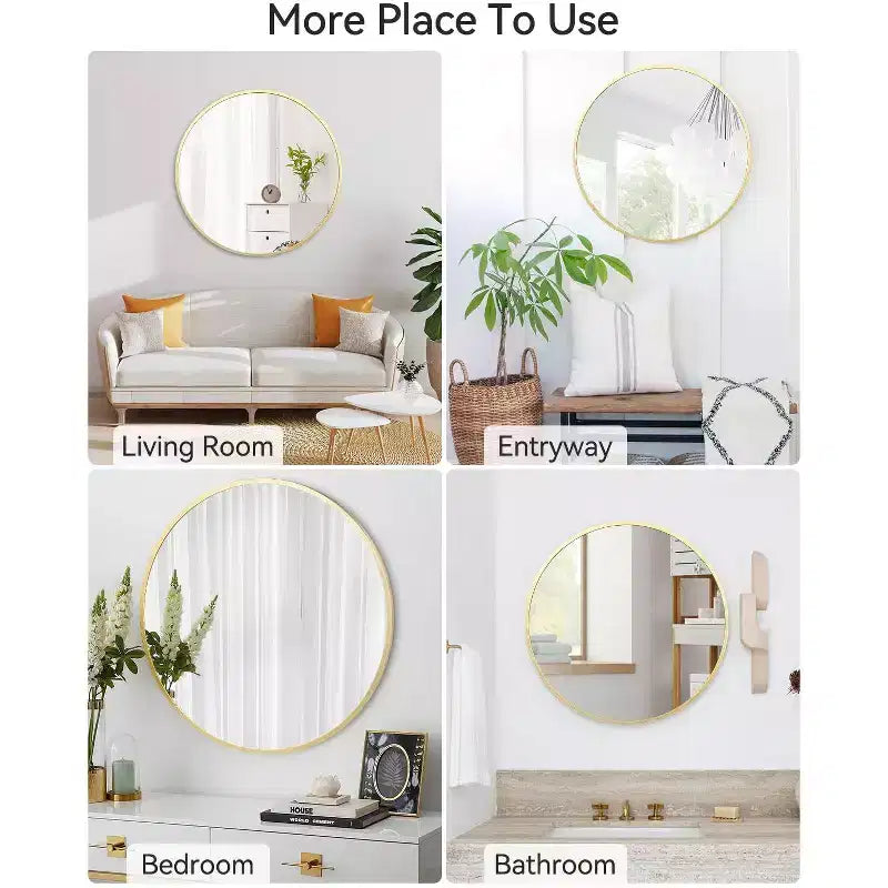 Round Wall Mirror, Circle Mirror Metal Frame for Bathroom, Vanity, Entryway, Bedroom, Living Room, Wall Mounted Modern Rustic Decor
