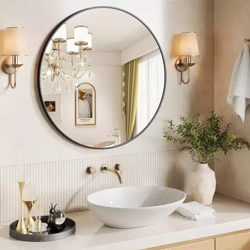 Round Wall Mirror, Circle Mirror Metal Frame for Bathroom, Vanity, Entryway, Bedroom, Living Room, Wall Mounted Modern Rustic Decor