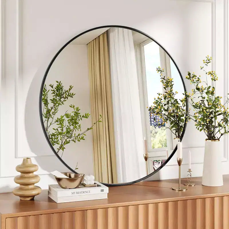 Round Wall Mirror, Circle Mirror Metal Frame for Bathroom, Vanity, Entryway, Bedroom, Living Room, Wall Mounted Modern Rustic Decor
