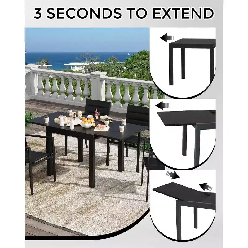 Extendable Dining Table Set for 4-6 Persons - 31.5-63 Inch 3-Second Quick Expand Patio Table, Sturdy Aluminum Tabletop Black Outdoor Furniture