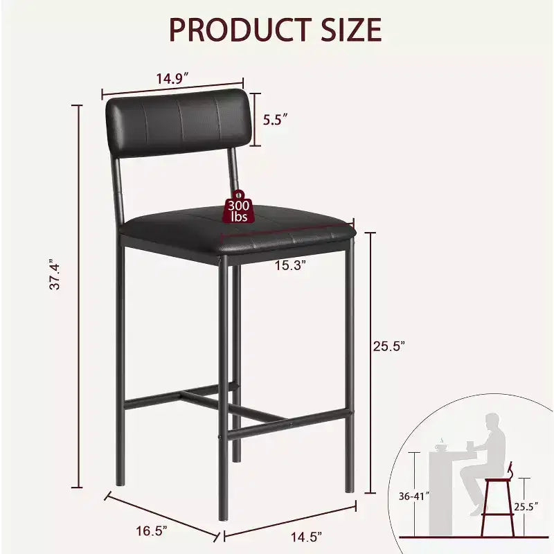 Set of 2 Counter Height Bar Stools with Footrest & Back - PU Leather Kitchen Barstools for Island, Counter, Apartment - Classic Black