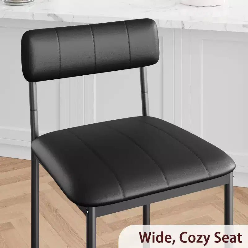 Set of 2 Counter Height Bar Stools with Footrest & Back - PU Leather Kitchen Barstools for Island, Counter, Apartment - Classic Black
