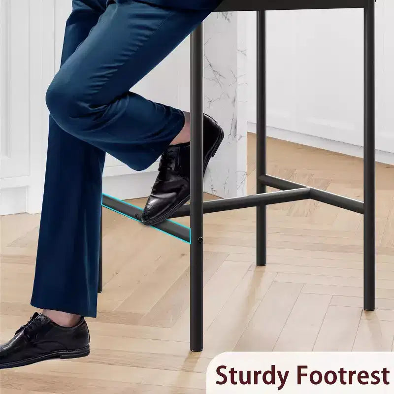 Set of 2 Counter Height Bar Stools with Footrest & Back - PU Leather Kitchen Barstools for Island, Counter, Apartment - Classic Black