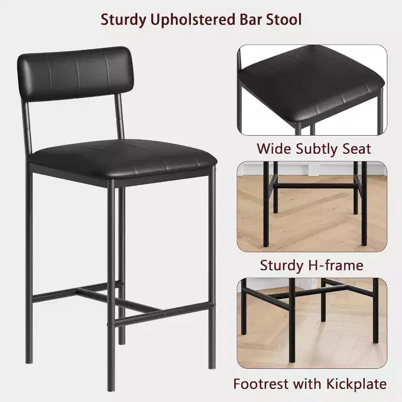 Set of 2 Counter Height Bar Stools with Footrest & Back - PU Leather Kitchen Barstools for Island, Counter, Apartment - Classic Black