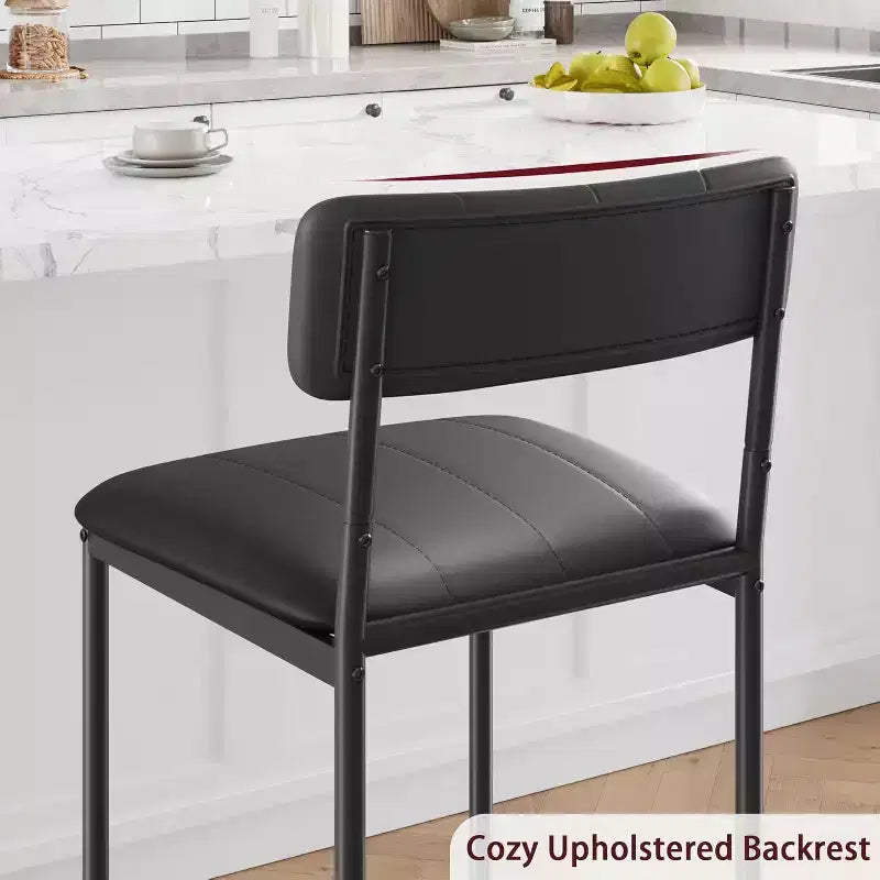 Set of 2 Counter Height Bar Stools with Footrest & Back - PU Leather Kitchen Barstools for Island, Counter, Apartment - Classic Black