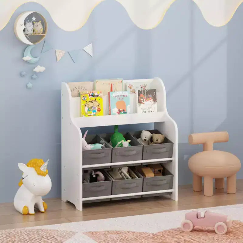 Kids Bookshelf with 6 Fabric Storage Bins, Multi-Functional Children's Bookcase and Toy Organizer, Front-Facing Display Shelf White & Gray