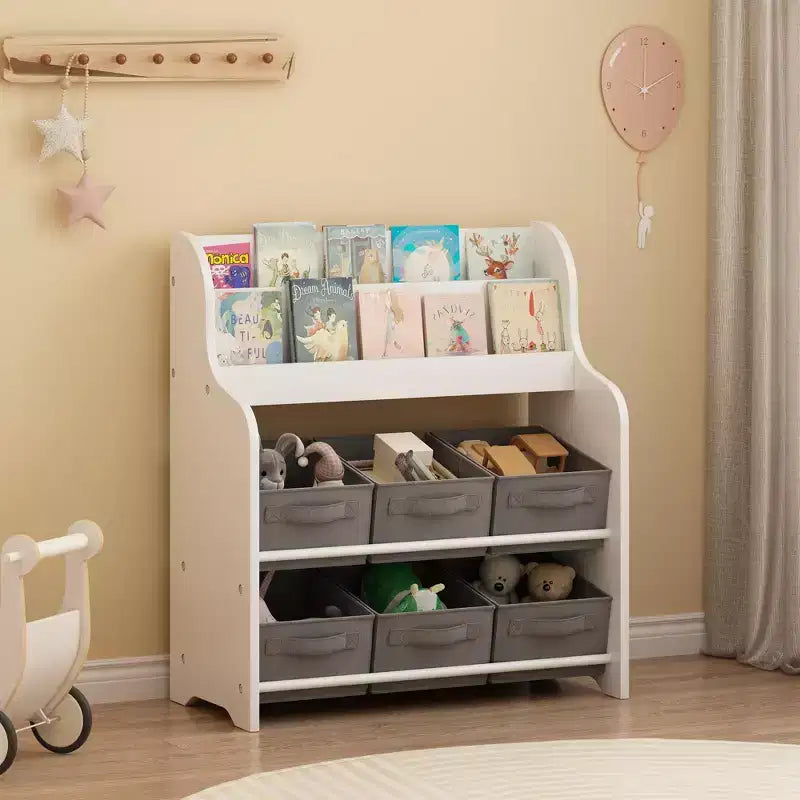Kids Bookshelf with 6 Fabric Storage Bins, Multi-Functional Children's Bookcase and Toy Organizer, Front-Facing Display Shelf White & Gray