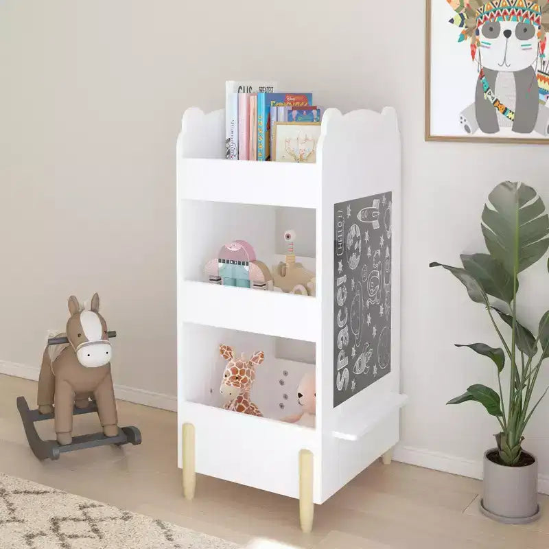 Kids Bookshelf with Chalkboard Side  Bear-Shaped Wooden Bookcase with 3-Tier Storage, Drawing Board for Toddlers, Toy and Book Organizer White