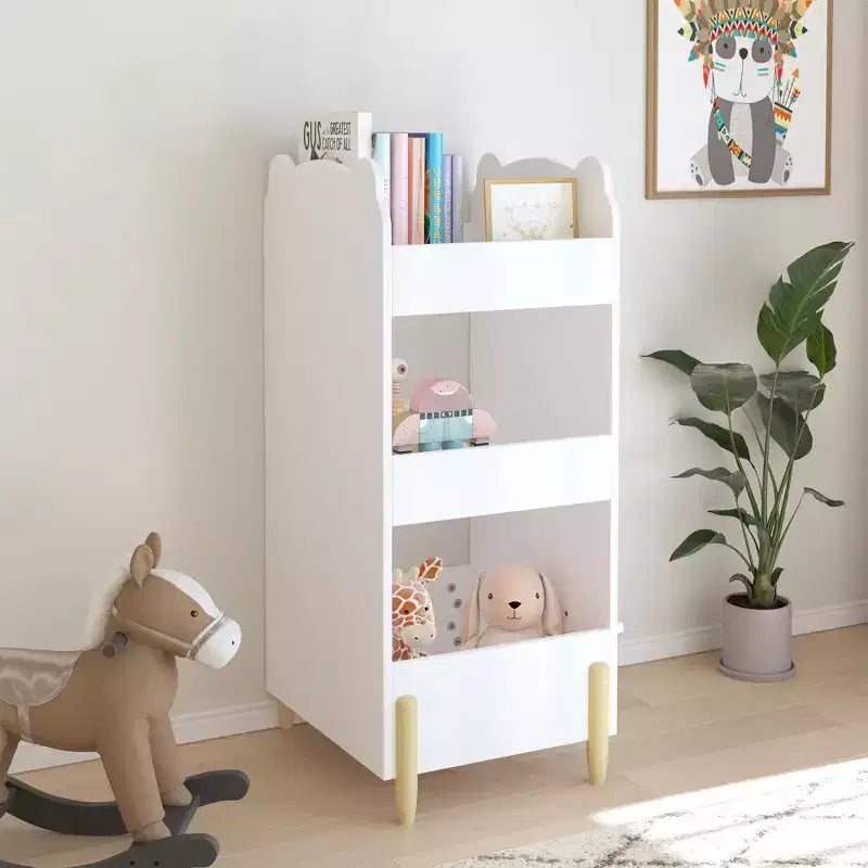 Kids Bookshelf with Chalkboard Side  Bear-Shaped Wooden Bookcase with 3-Tier Storage, Drawing Board for Toddlers, Toy and Book Organizer White