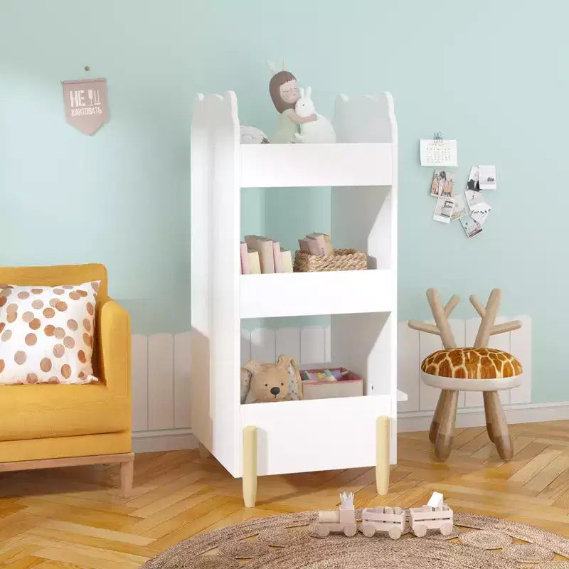 Kids Bookshelf with Chalkboard Side  Bear-Shaped Wooden Bookcase with 3-Tier Storage, Drawing Board for Toddlers, Toy and Book Organizer White