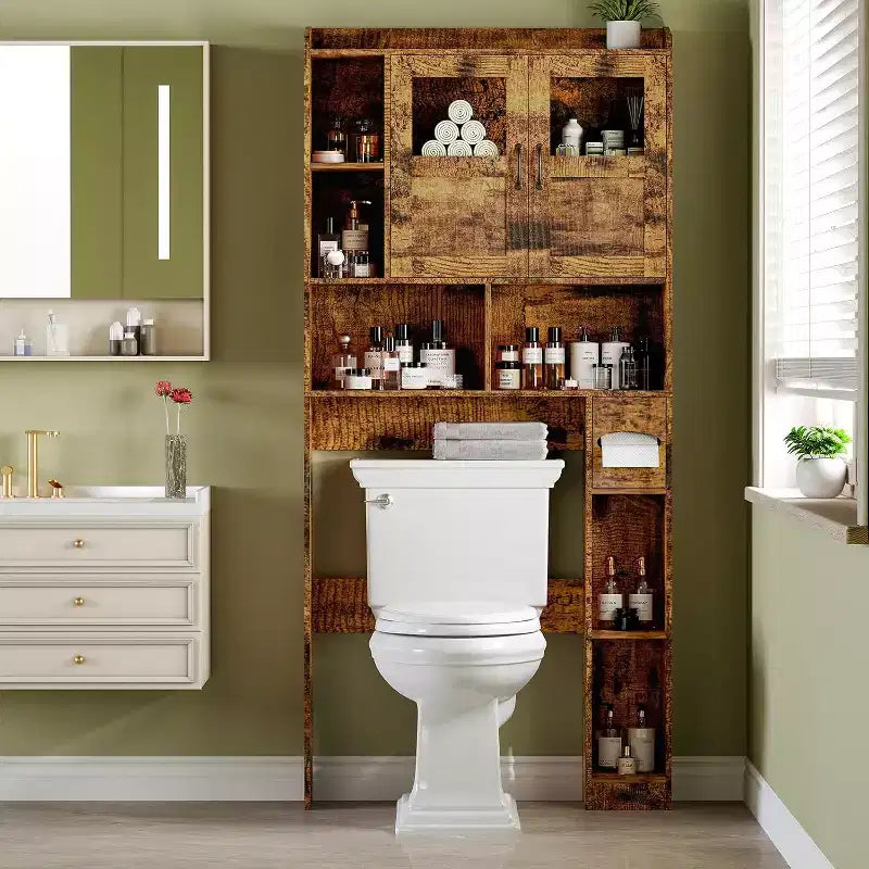 Over Toilet Storage Cabinet with Adjustable Shelves, Tall Bathroom Cabinet with Glass Doors, Freestanding Toilet Organizer for Bathroom