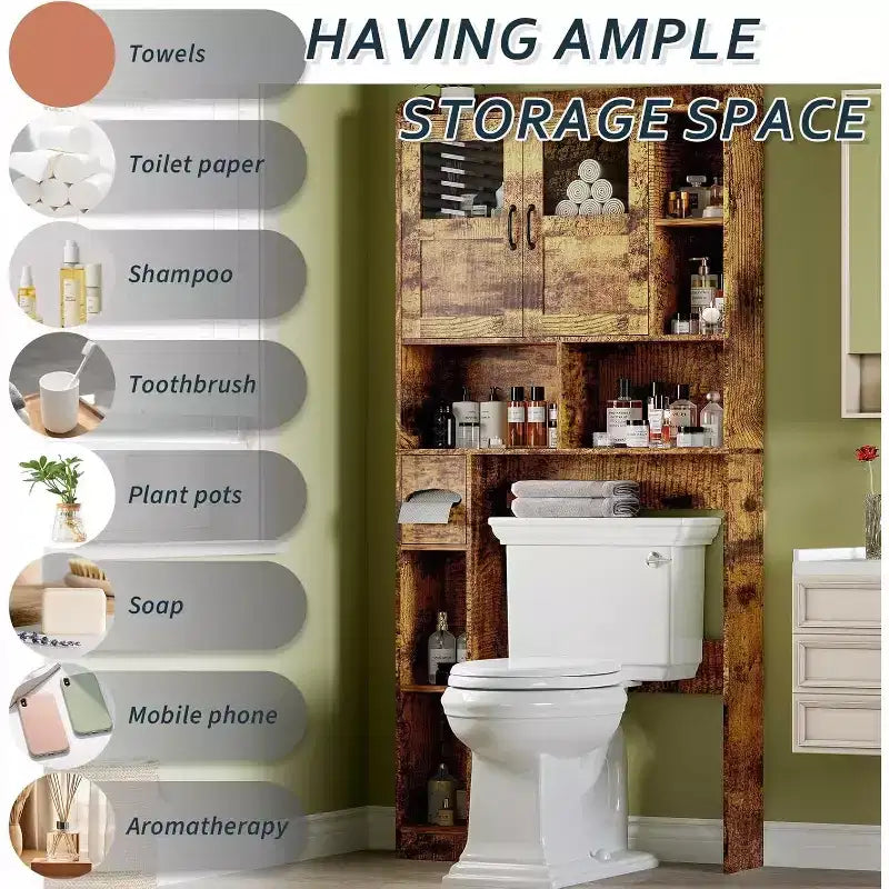 Over Toilet Storage Cabinet with Adjustable Shelves, Tall Bathroom Cabinet with Glass Doors, Freestanding Toilet Organizer for Bathroom