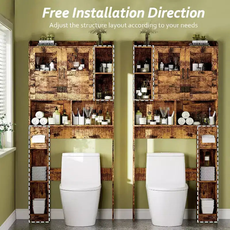 Over Toilet Storage Cabinet with Adjustable Shelves, Tall Bathroom Cabinet with Glass Doors, Freestanding Toilet Organizer for Bathroom