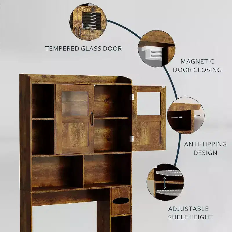 Over Toilet Storage Cabinet with Adjustable Shelves, Tall Bathroom Cabinet with Glass Doors, Freestanding Toilet Organizer for Bathroom