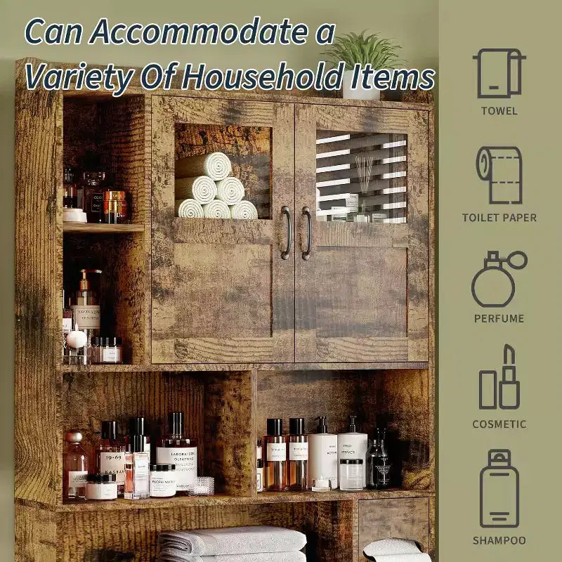Over Toilet Storage Cabinet with Adjustable Shelves, Tall Bathroom Cabinet with Glass Doors, Freestanding Toilet Organizer for Bathroom