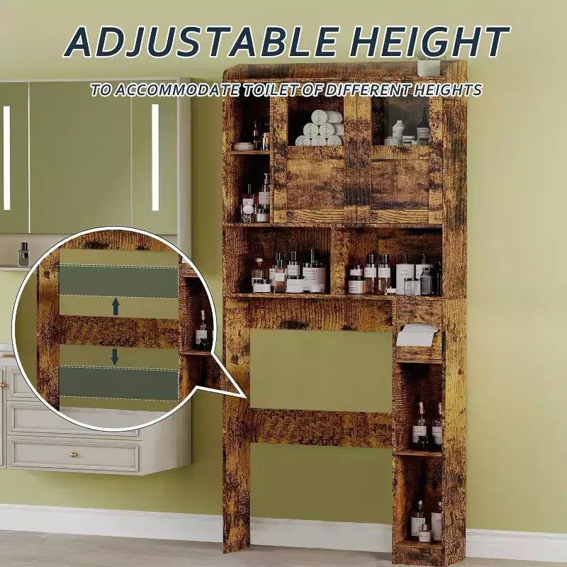 Over Toilet Storage Cabinet with Adjustable Shelves, Tall Bathroom Cabinet with Glass Doors, Freestanding Toilet Organizer for Bathroom