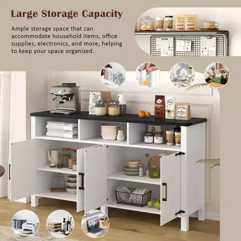 Merax 4-Door Modern Farmhouse Sideboard Buffet with USB Charging Ports & Adjustable Shelves