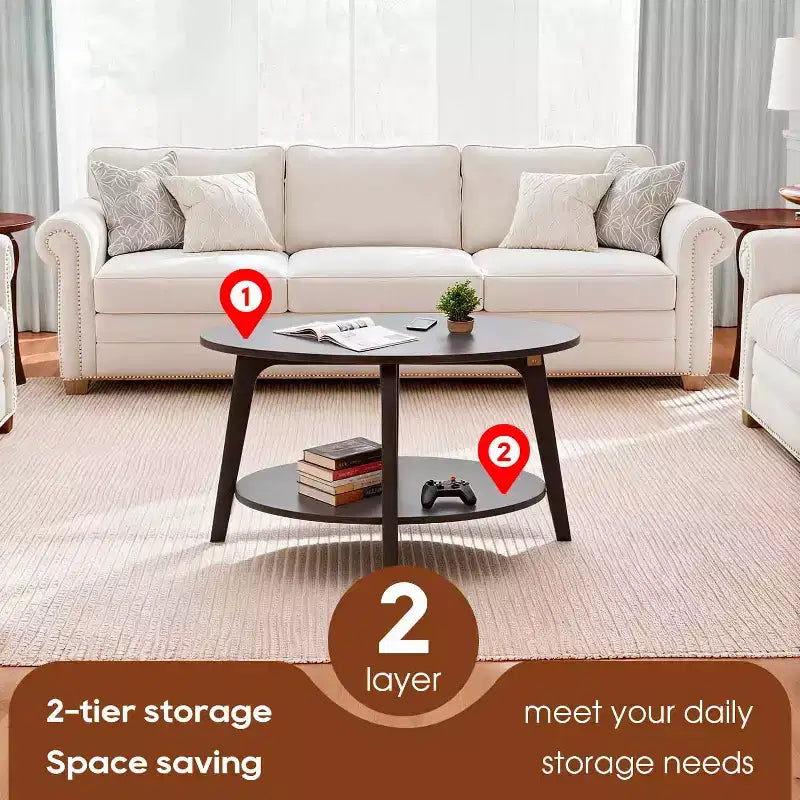 FDW Round Coffee Table with Storage 2-Tier Modern Wood Center Table for Living Room Bedroom or Office