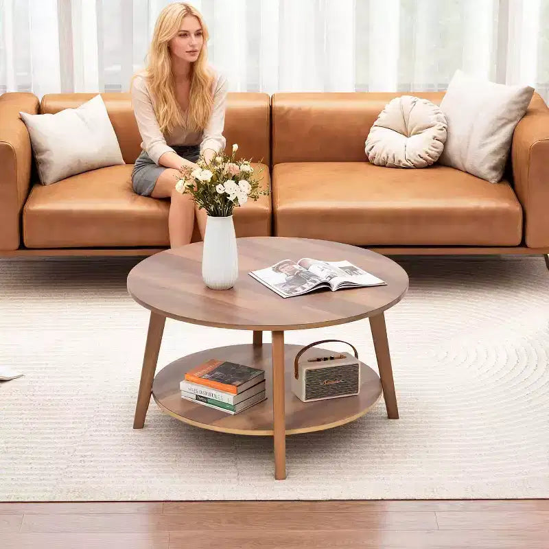 FDW Round Coffee Table with Storage 2-Tier Modern Wood Center Table for Living Room Bedroom or Office