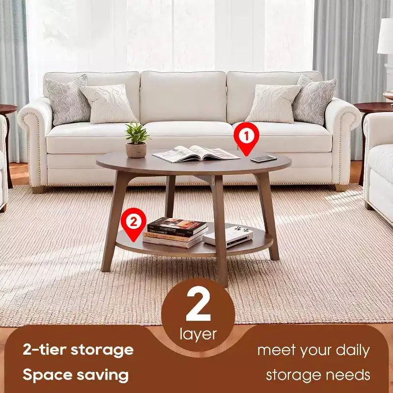 FDW Round Coffee Table with Storage 2-Tier Modern Wood Center Table for Living Room Bedroom or Office