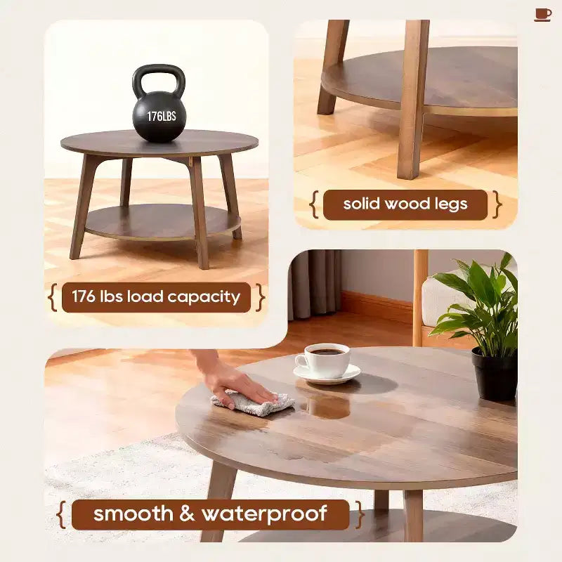 FDW Round Coffee Table with Storage 2-Tier Modern Wood Center Table for Living Room Bedroom or Office
