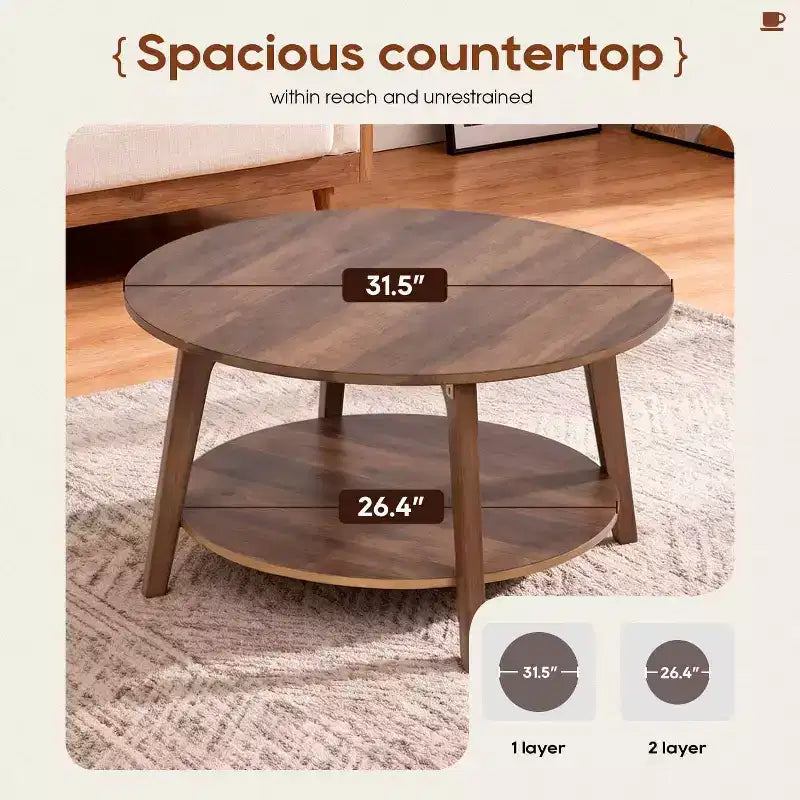 FDW Round Coffee Table with Storage 2-Tier Modern Wood Center Table for Living Room Bedroom or Office