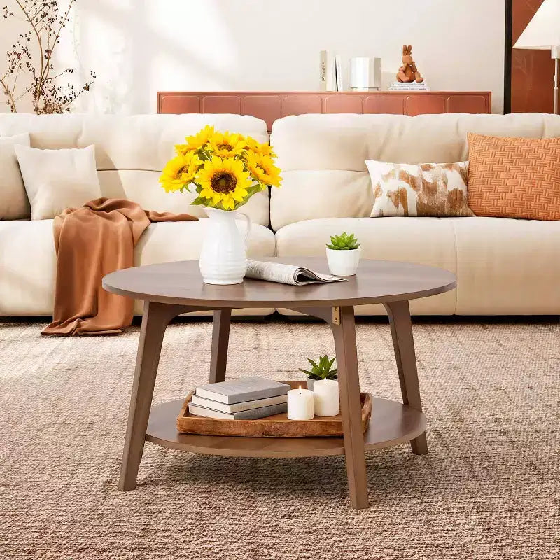FDW Round Coffee Table with Storage 2-Tier Modern Wood Center Table for Living Room Bedroom or Office