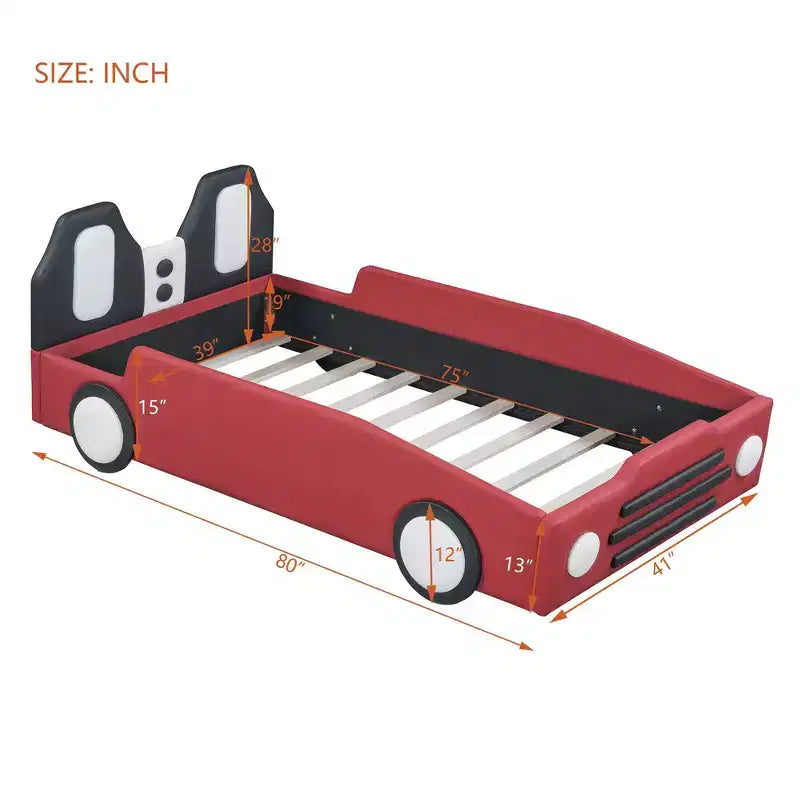 Luxystar Twin Size Race Car-Shaped Platform Bed with Guardrail for Kids' Room