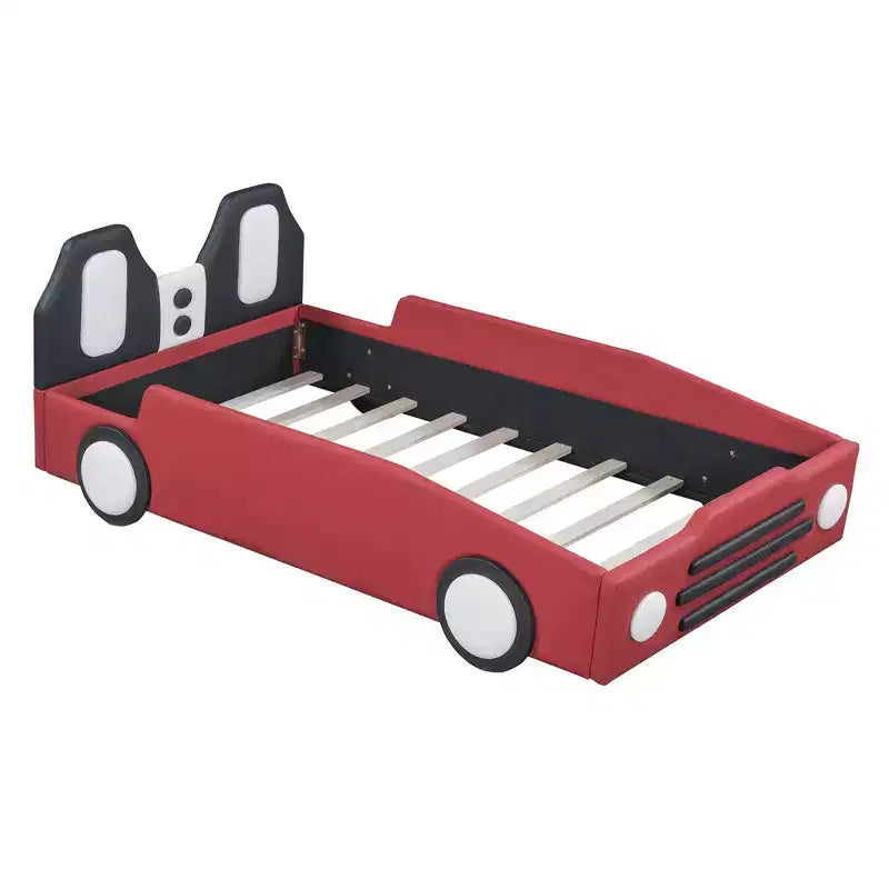 Luxystar Twin Size Race Car-Shaped Platform Bed with Guardrail for Kids' Room
