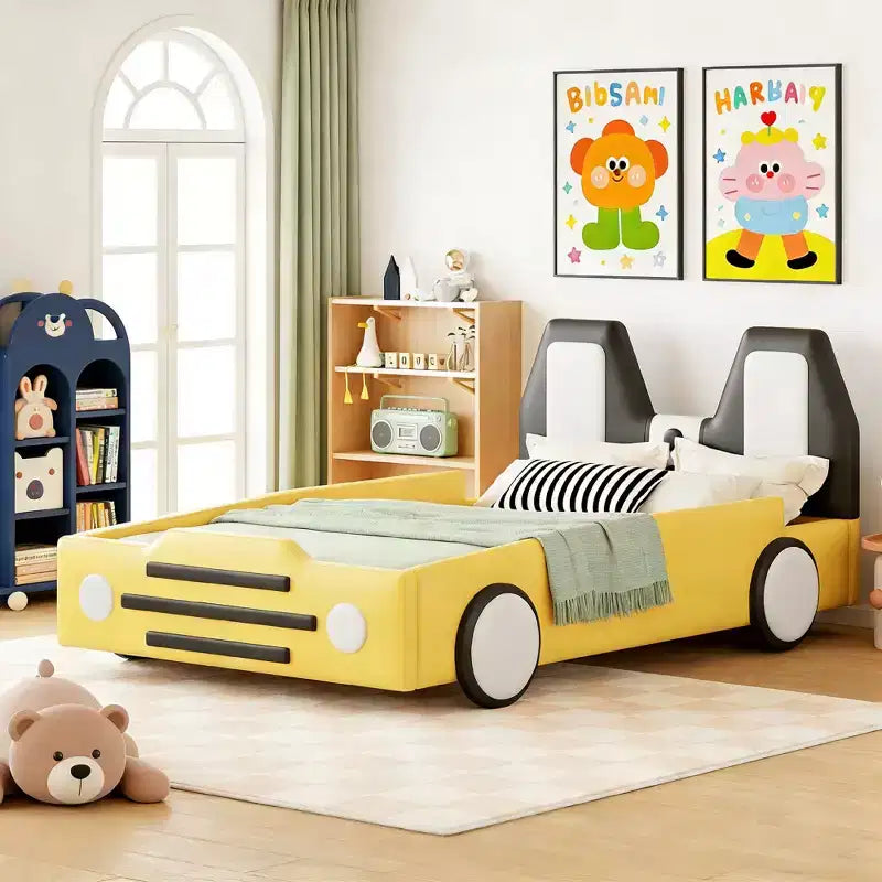 Luxystar Twin Size Race Car-Shaped Platform Bed with Guardrail for Kids' Room