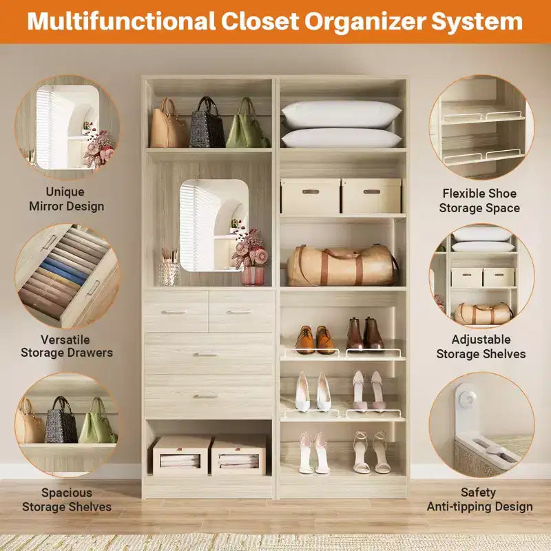 Besiost Closet System with Drawers and Hanging Rods
