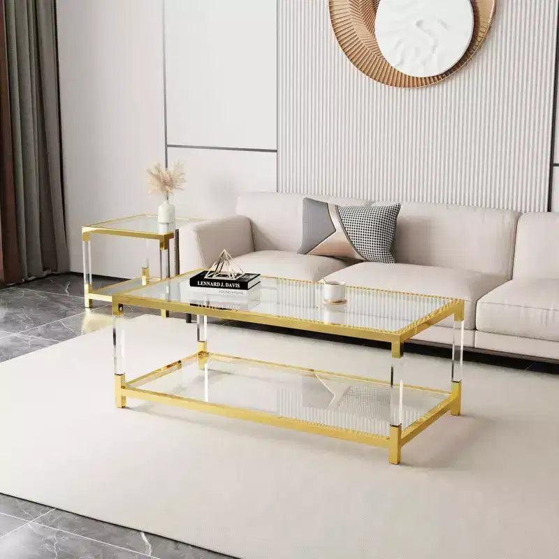MAYEERTY Modern Acrylic Legs Coffee Table, Double Layer Tempered Glass Top with Golden Metal Frame for Living Room Office