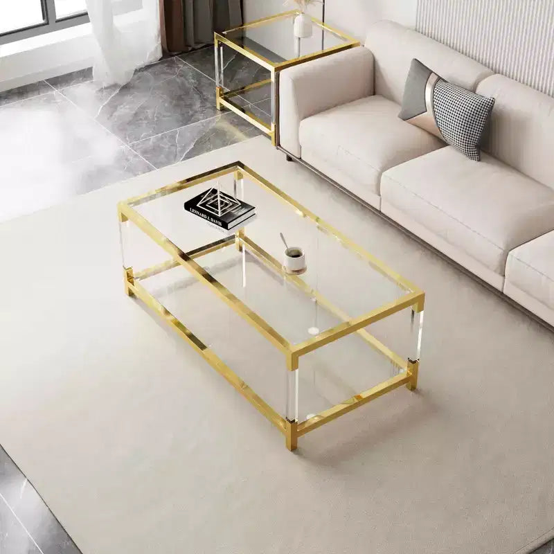 MAYEERTY Modern Acrylic Legs Coffee Table, Double Layer Tempered Glass Top with Golden Metal Frame for Living Room Office