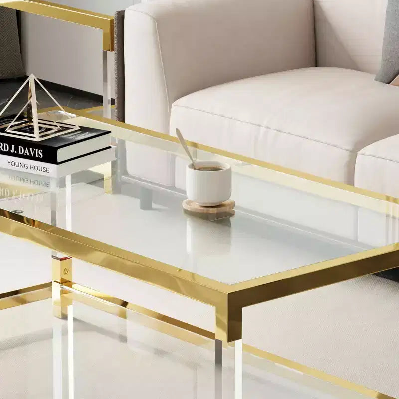 MAYEERTY Modern Acrylic Legs Coffee Table, Double Layer Tempered Glass Top with Golden Metal Frame for Living Room Office