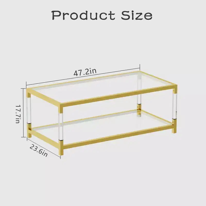 MAYEERTY Modern Acrylic Legs Coffee Table, Double Layer Tempered Glass Top with Golden Metal Frame for Living Room Office