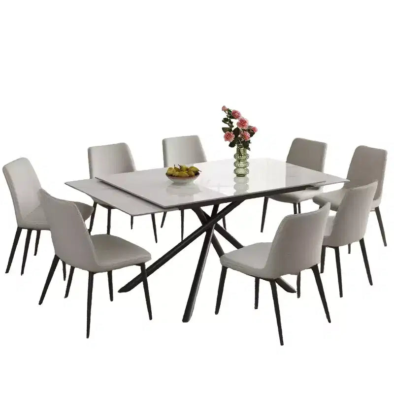 GDFStudio Daro Modern 9 Piece Retractable Sintered Stone Dining Table Set with Faux Leather Upholstered Chairs
