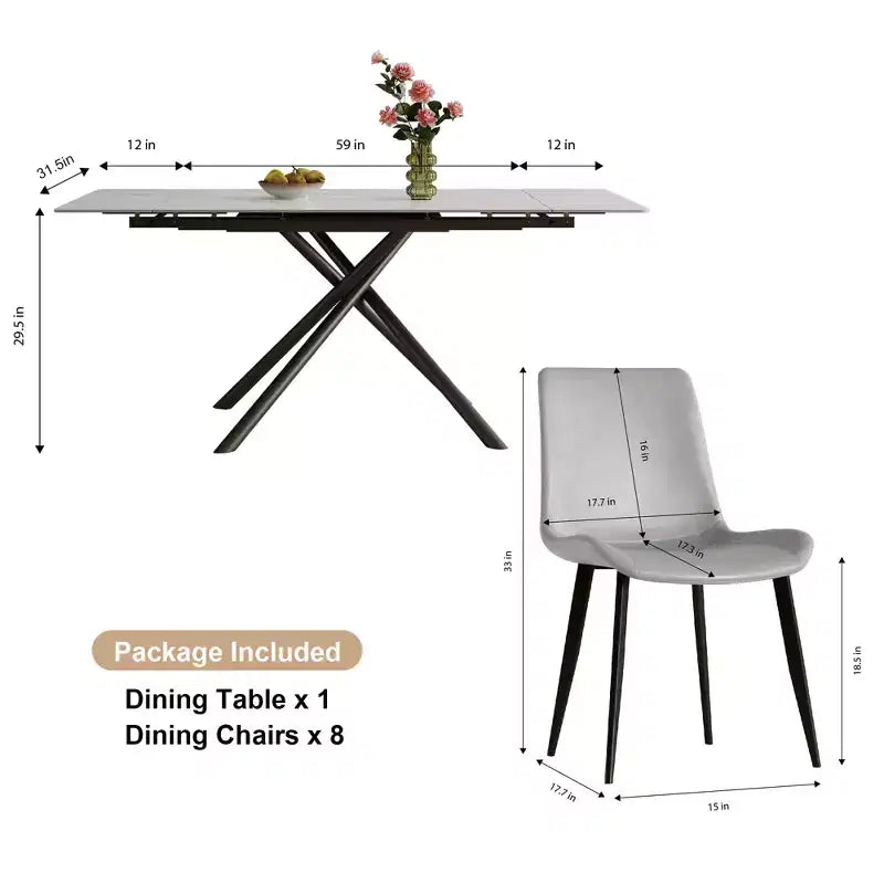 GDFStudio Daro Modern 9 Piece Retractable Sintered Stone Dining Table Set with Faux Leather Upholstered Chairs