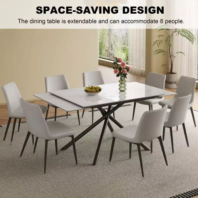GDFStudio Daro Modern 9 Piece Retractable Sintered Stone Dining Table Set with Faux Leather Upholstered Chairs