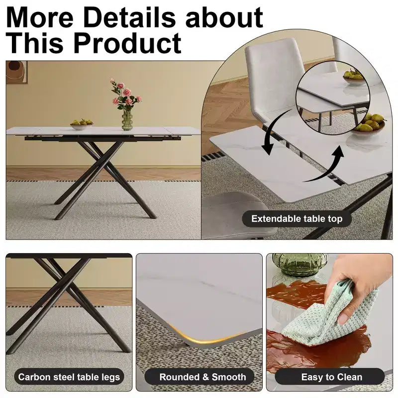 GDFStudio Daro Modern 9 Piece Retractable Sintered Stone Dining Table Set with Faux Leather Upholstered Chairs