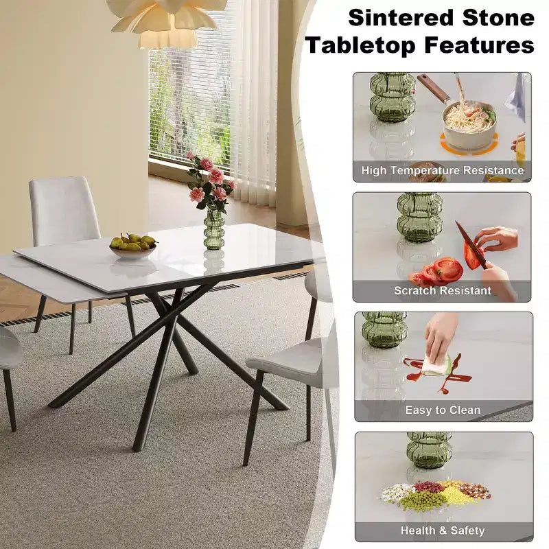 GDFStudio Daro Modern 9 Piece Retractable Sintered Stone Dining Table Set with Faux Leather Upholstered Chairs