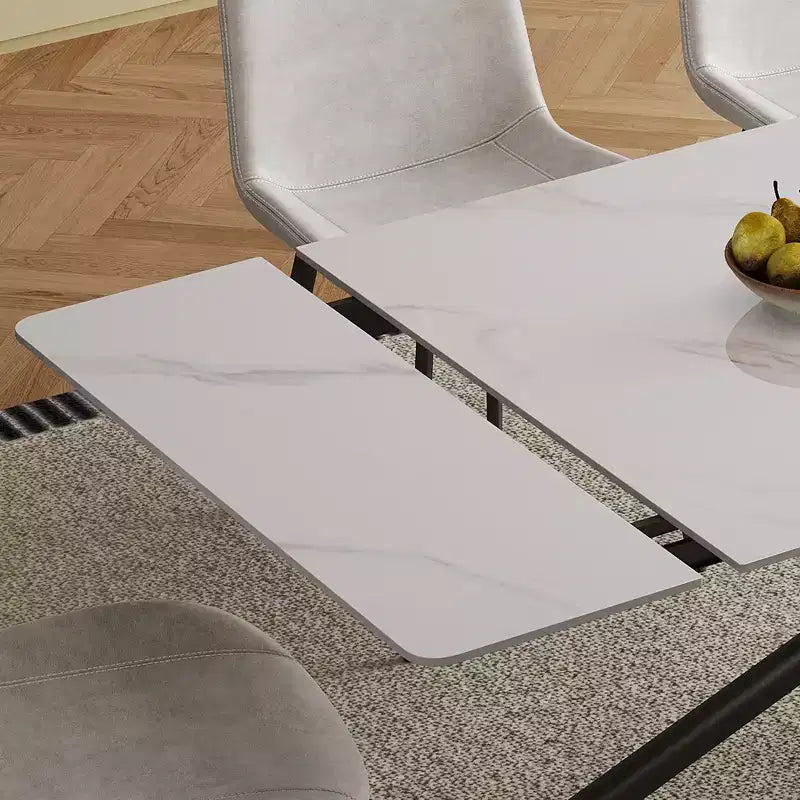 GDFStudio Daro Modern 9 Piece Retractable Sintered Stone Dining Table Set with Faux Leather Upholstered Chairs