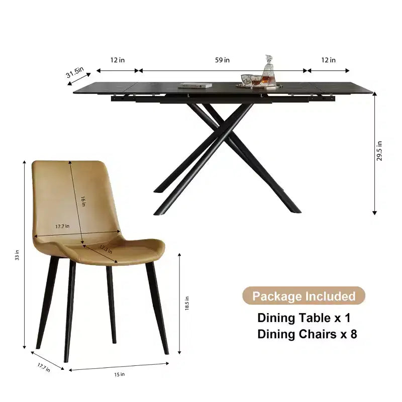 GDFStudio Daro Modern 9 Piece Retractable Sintered Stone Dining Table Set with Faux Leather Upholstered Chairs