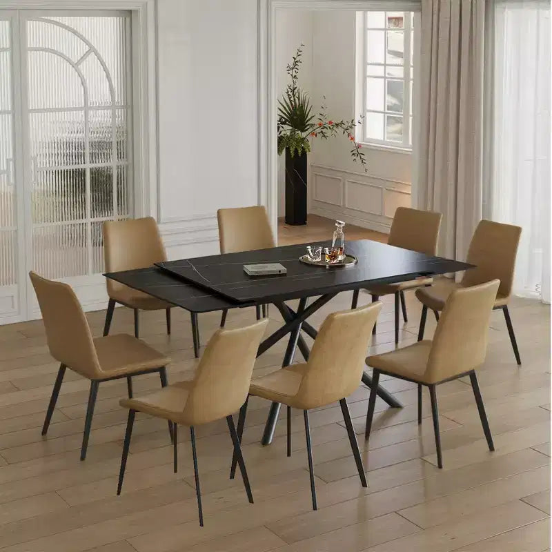 GDFStudio Daro Modern 9 Piece Retractable Sintered Stone Dining Table Set with Faux Leather Upholstered Chairs