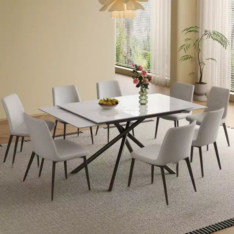 GDFStudio Daro Modern 9 Piece Retractable Sintered Stone Dining Table Set with Faux Leather Upholstered Chairs
